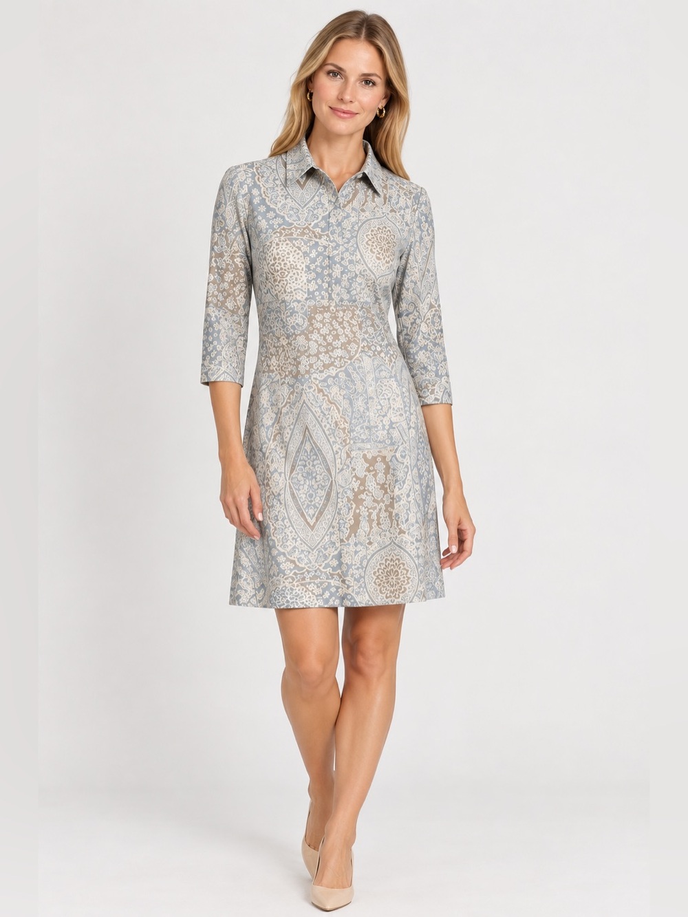 Gretchen Scott Designs Taupe & White Paisley Polo Midi Dress